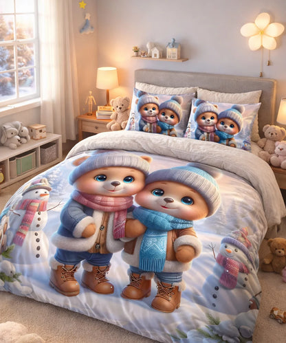 Cute Winter Bear Friends 7D Flat Double Bedsheet with 2 Pillow Covers