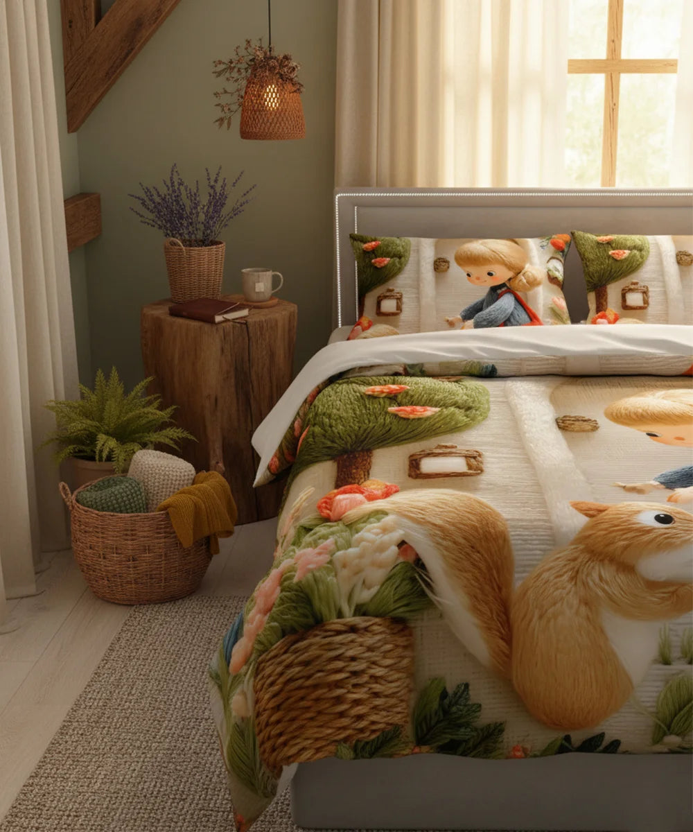 Sweet Woodland Friends 7D Flat Double Bedsheet with 2 Pillow Covers