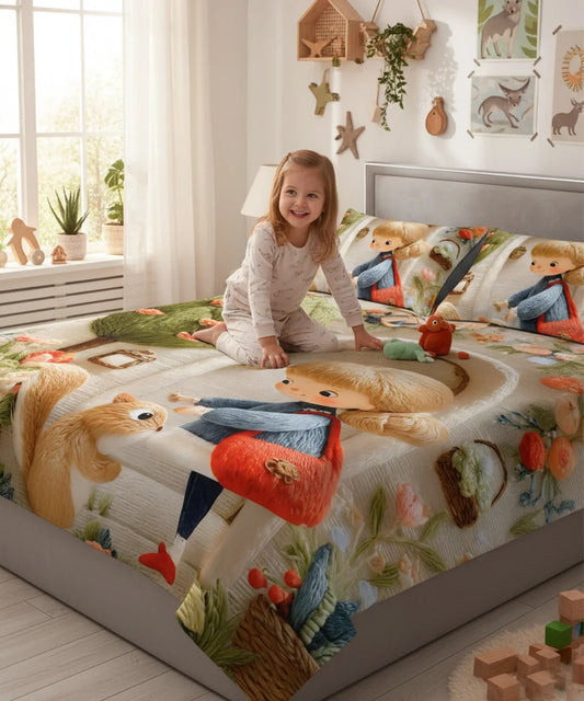 Sweet Woodland Friends 7D Flat Double Bedsheet with 2 Pillow Covers