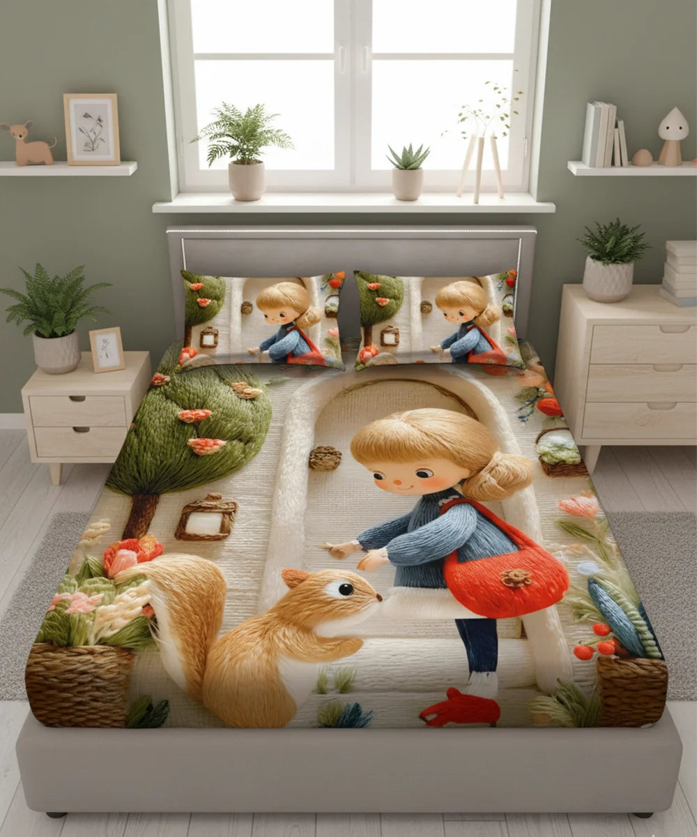 Sweet Woodland Friends 7D Flat Double Bedsheet with 2 Pillow Covers
