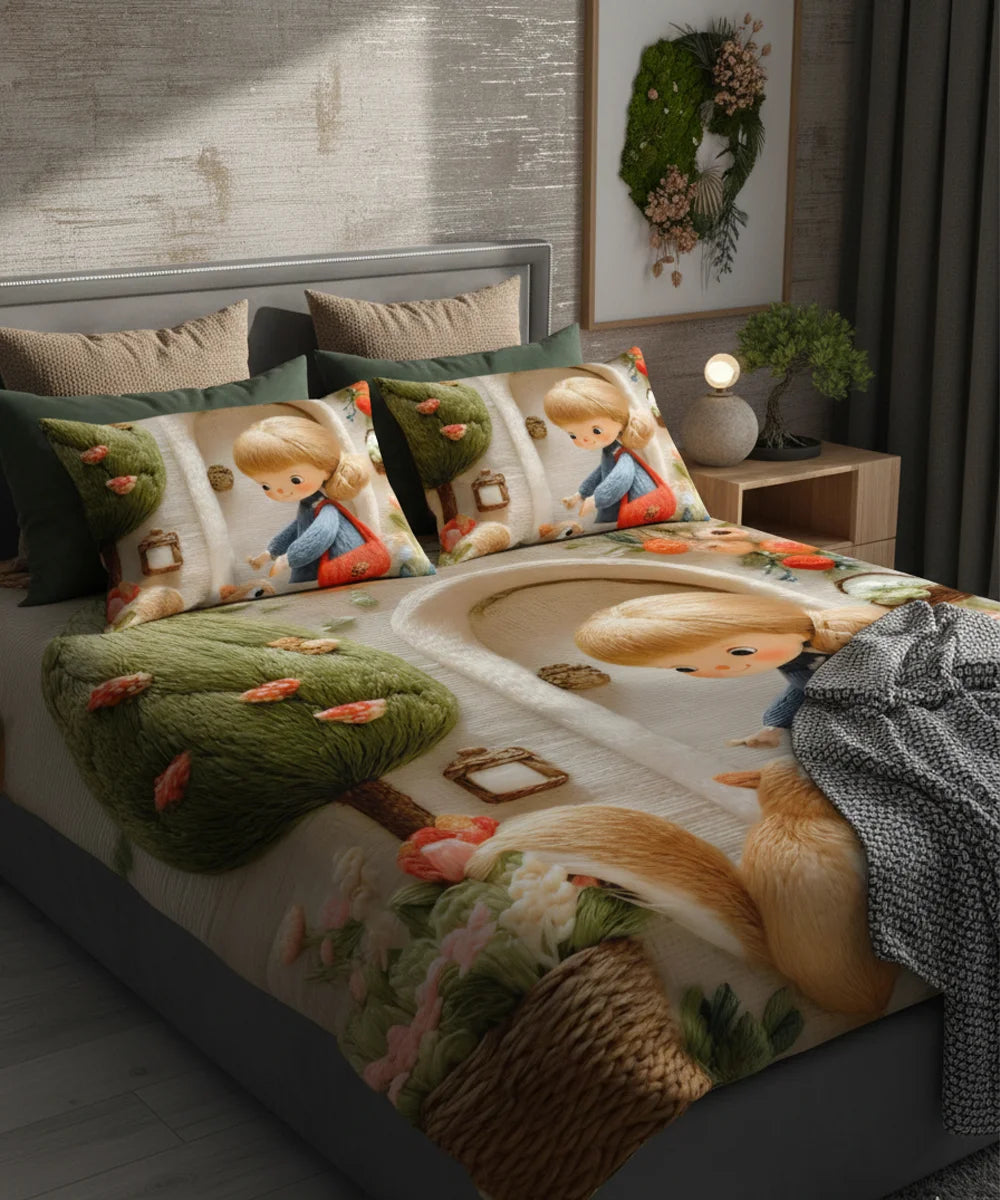 Sweet Woodland Friends 7D Flat Double Bedsheet with 2 Pillow Covers