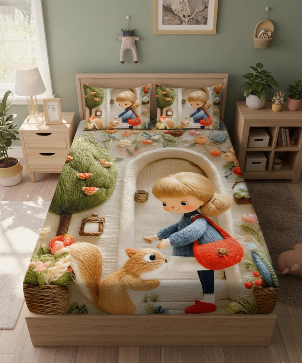 Sweet Woodland Friends 7D Flat Double Bedsheet with 2 Pillow Covers