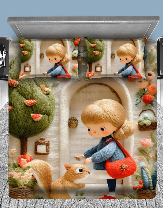 Sweet Woodland Friends 7D Flat Double Bedsheet with 2 Pillow Covers
