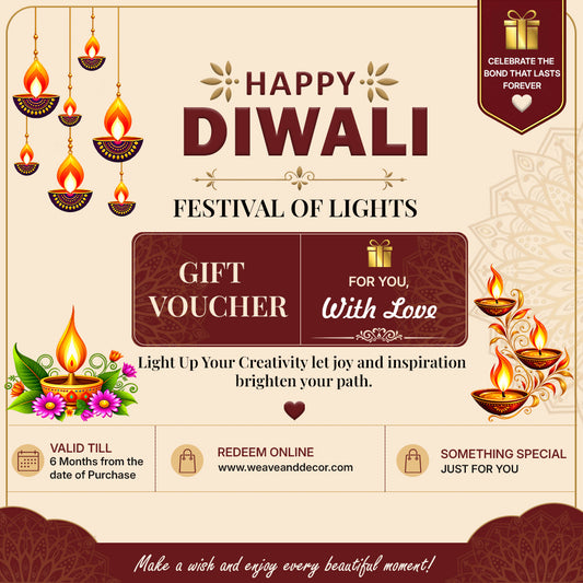 A festive Diwali gift voucher template with a warm beige background, dark maroon text and banners, hanging oil lamps, floral accents, and decorative mandala patterns. The central text reads 'GIFT VOUCHER' and 'FOR YOU, With Love', with additional offer details along the bottom.