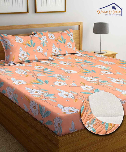 Peach Floral King Fitted Bedsheet With 2 Pillow Covers