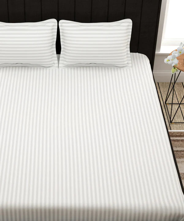 White Satin Stripe Flat Bedsheet with Pillow Cover