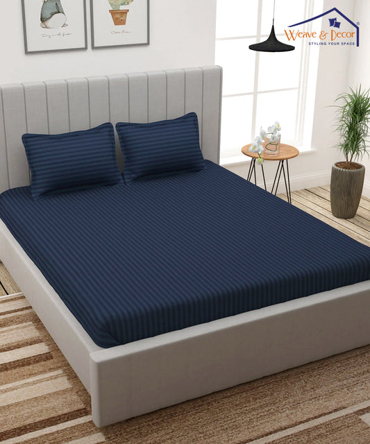 Blue Satin Stripe Flat Double Bedsheet With 2 Pillow Covers
