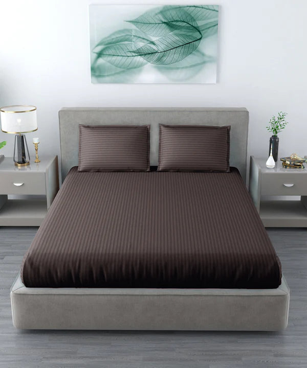 Brown Satin Stripe Flat Bedsheet with Pillow Cover