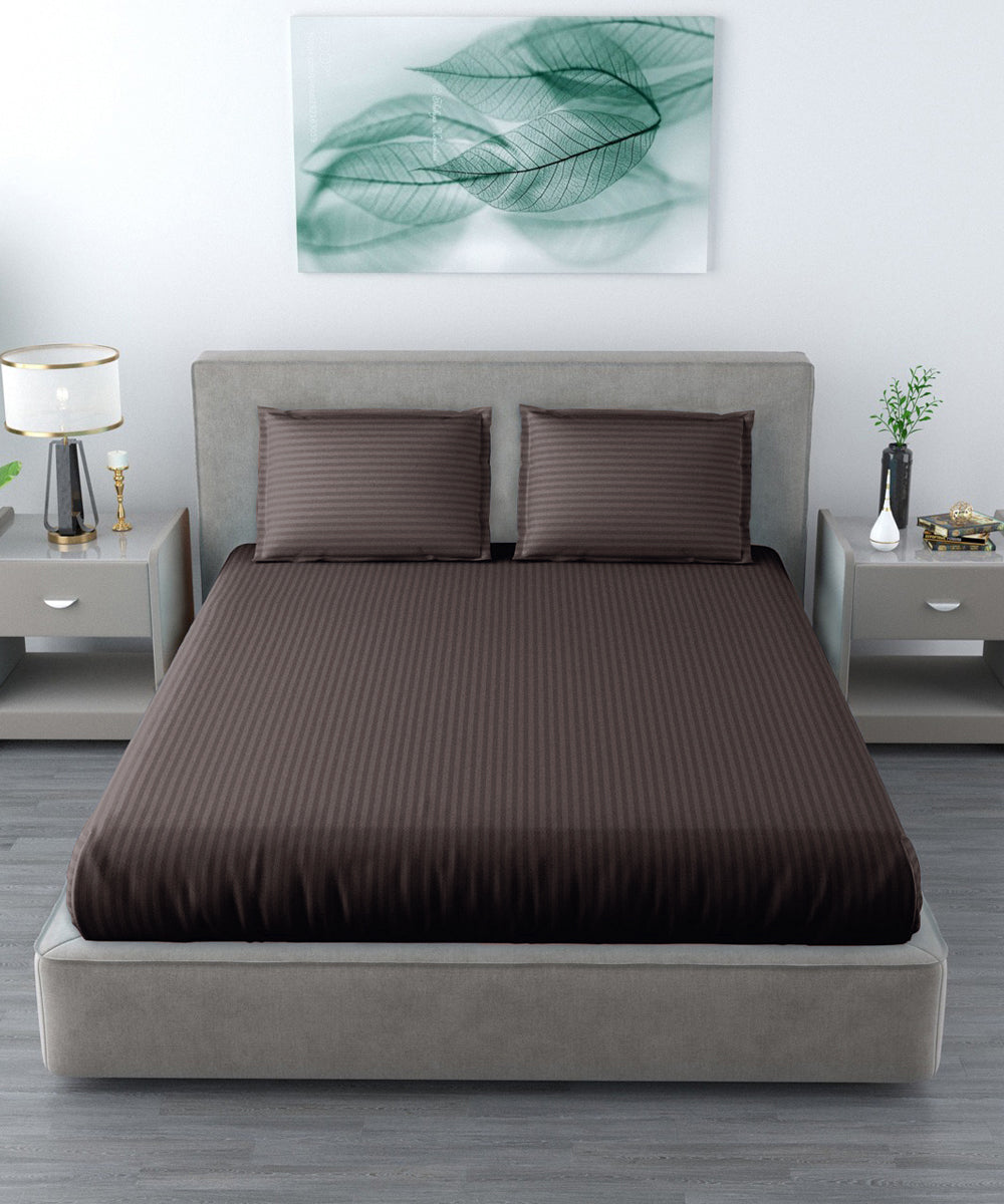 Brown Satin Stripe Double Bed With 2 Pillow Covers