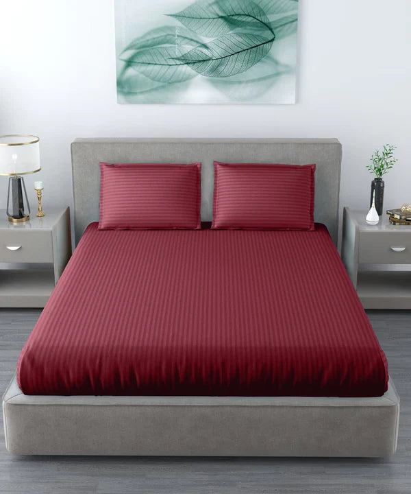 Maroon Satin Stripe Flat Bedsheet with Pillow Cover