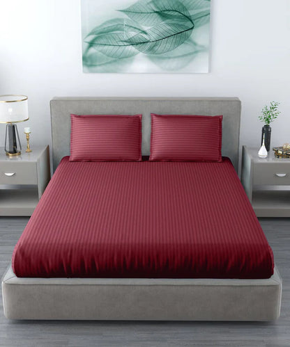 Maroon Satin Stripe Flat Bedsheet with Pillow Cover