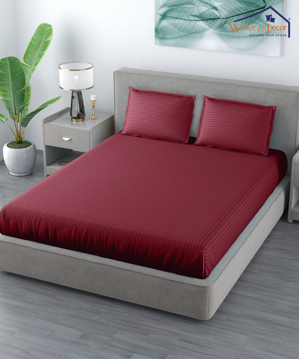 Maroon Satin Stripe King Size Bedsheet With 2 Pillow Covers