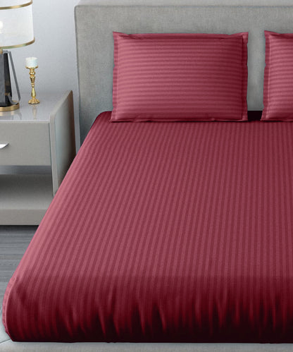 Maroon Satin Stripe King Size Bedsheet With 2 Pillow Covers