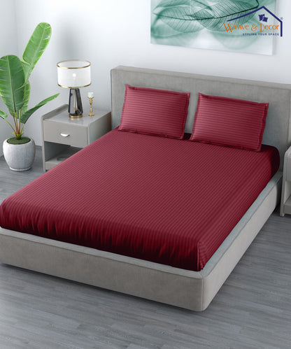 Maroon Satin Stripe Flat Double Bedsheet With 2 Pillow Covers