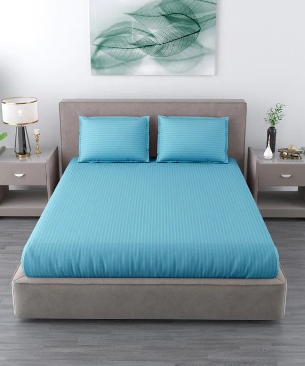 Sky Satin Stripe Flat Bedsheet with Pillow Cover
