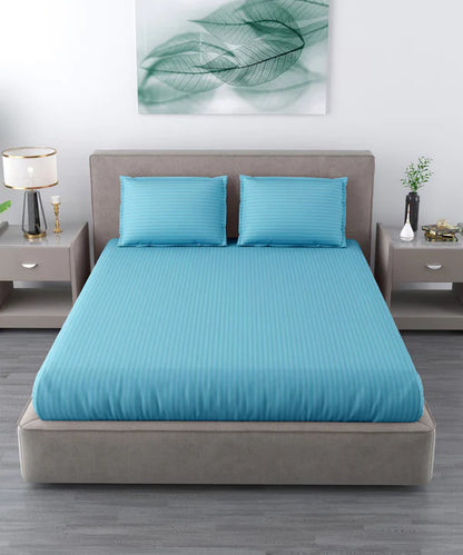 Sky Satin Stripe Flat Bedsheet with Pillow Cover