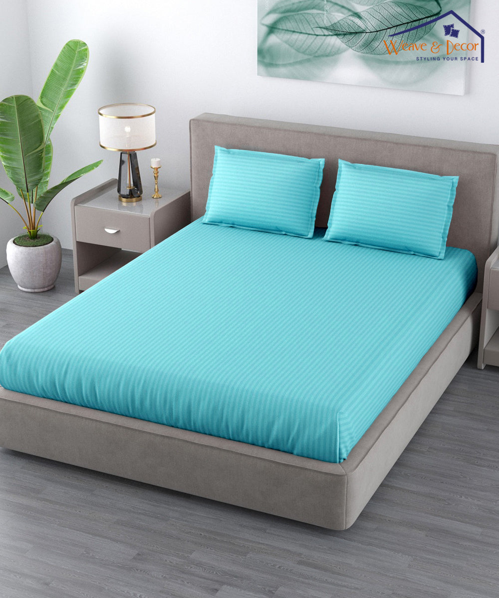 Sky Satin Stripe King Size Bedsheet With 2 Pillow Covers