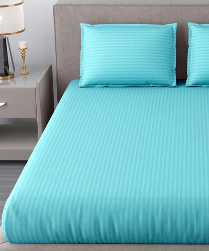 Sky Satin Stripe King Size Bedsheet With 2 Pillow Covers