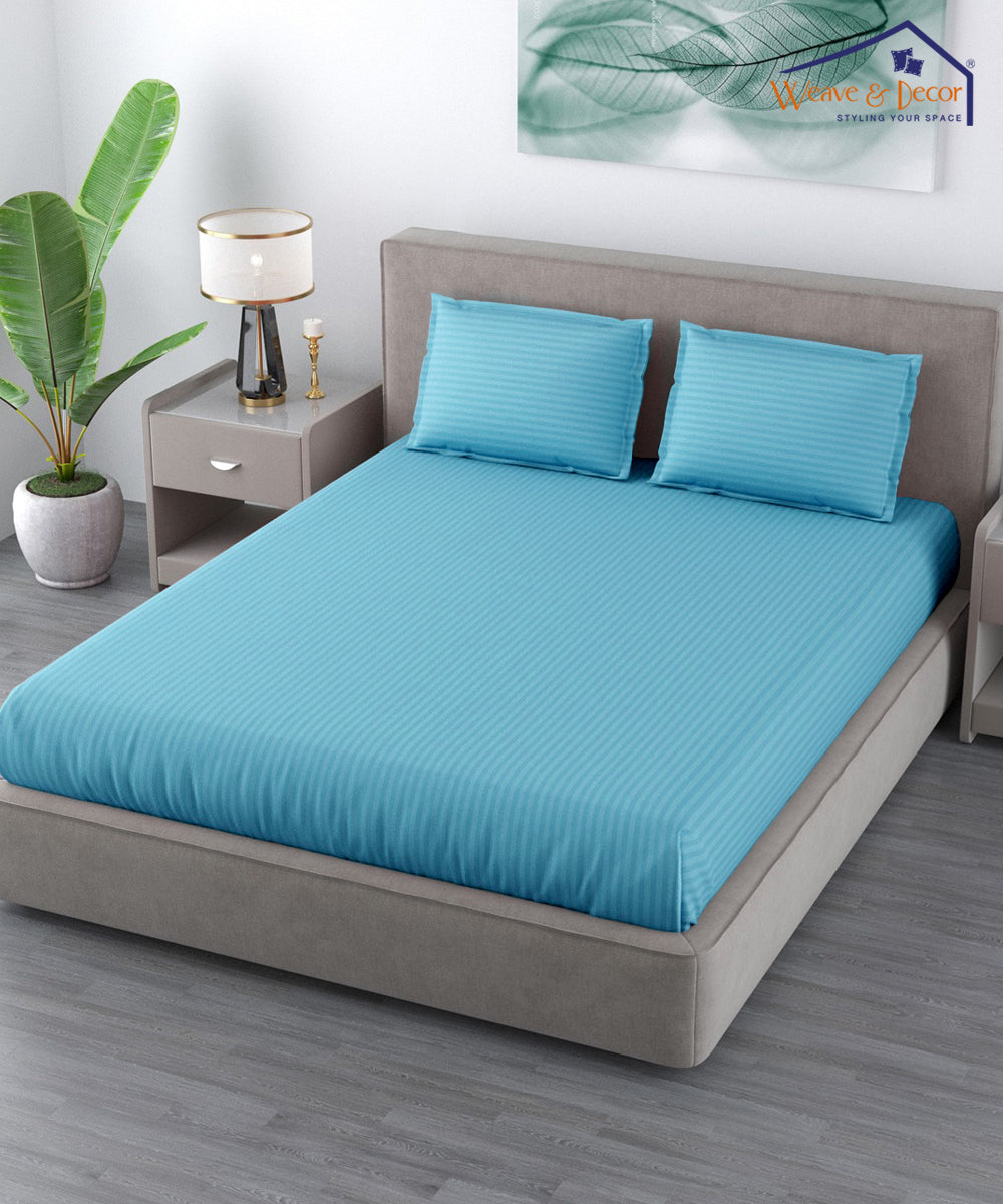 Sky Satin Stripe Flat Double Bedsheet With 2 Pillow Covers