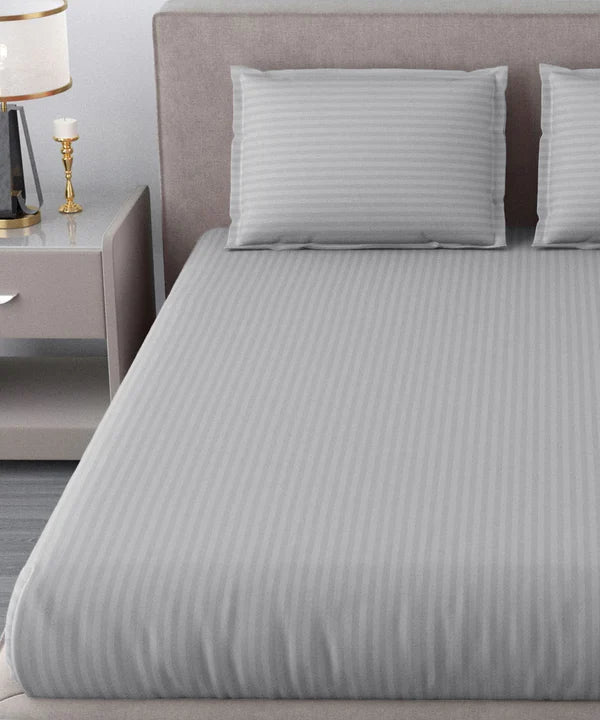 Light Grey Satin Stripe Flat Bedsheet with Pillow Cover