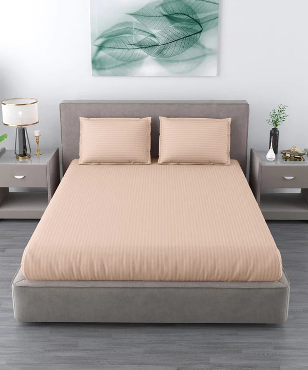 Cream Satin Stripe Flat Bedsheet with Pillow Cover