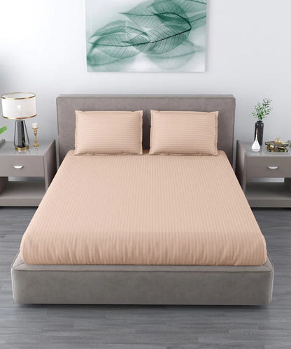 Cream Satin Stripe Flat Bedsheet with Pillow Cover