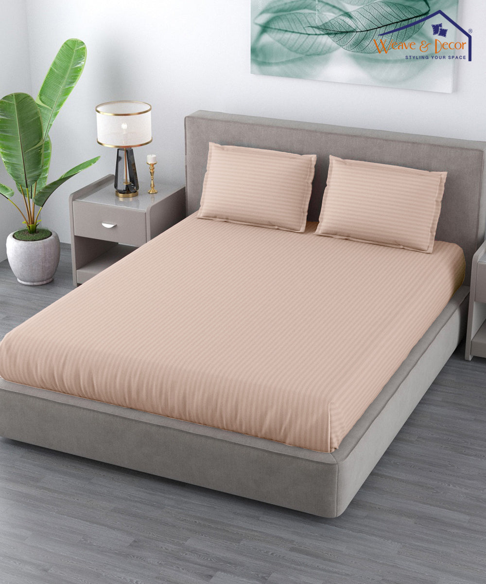 Cream Satin Stripe Flat Double Bedsheet With 2 Pillow Covers