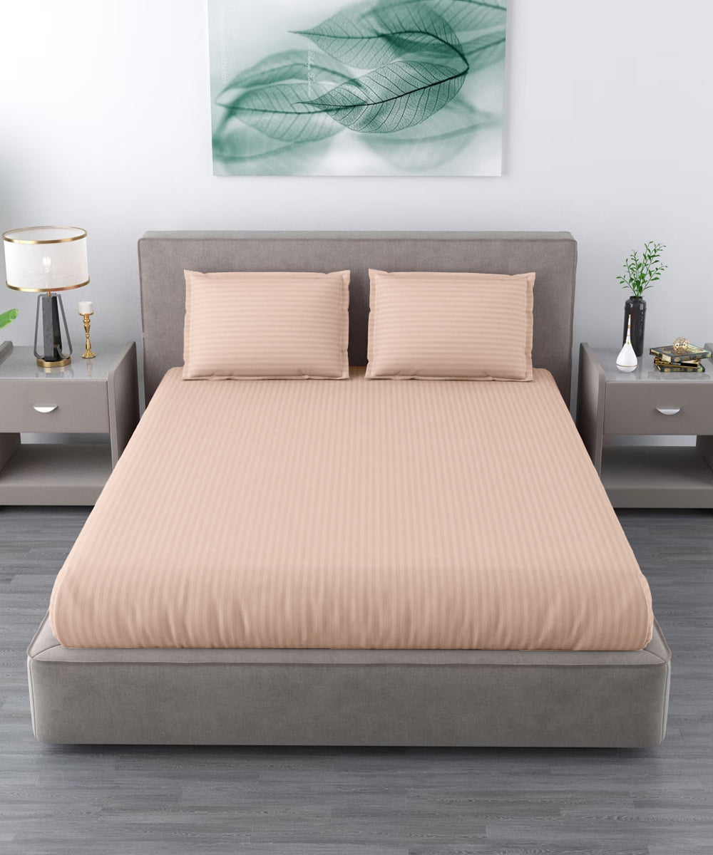 Cream Satin Stripe Flat Double Bedsheet With 2 Pillow Covers