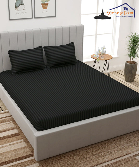 Charcoal Satin Stripe Flat Double Bedsheet with 2 Pillow Covers