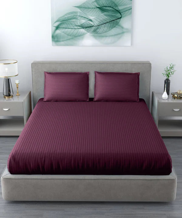 Wine Satin Stripe Flat Bedsheet with Pillow Cover