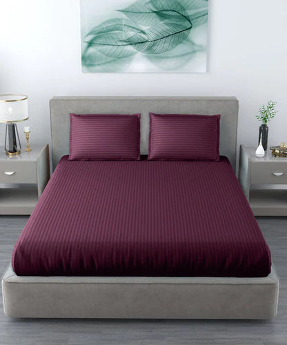 Wine Satin Stripe Flat Bedsheet with Pillow Cover