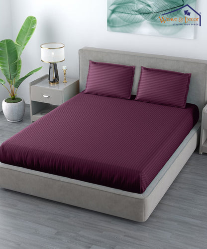 Wine Satin Stripe King Size Bedsheet With 2 Pillow Covers