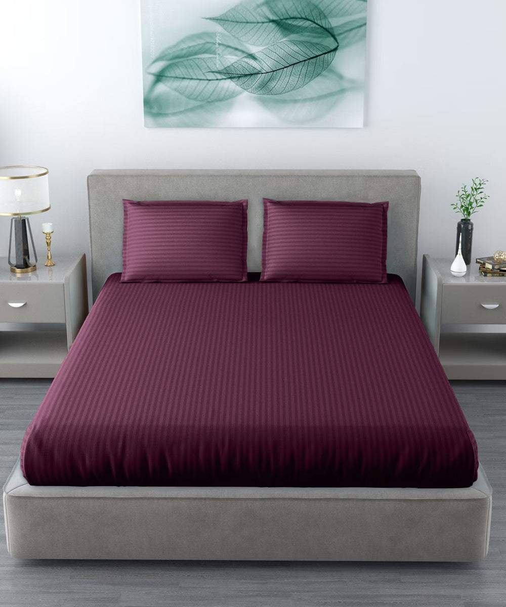 Wine Satin Stripe King Size Bedsheet With 2 Pillow Covers