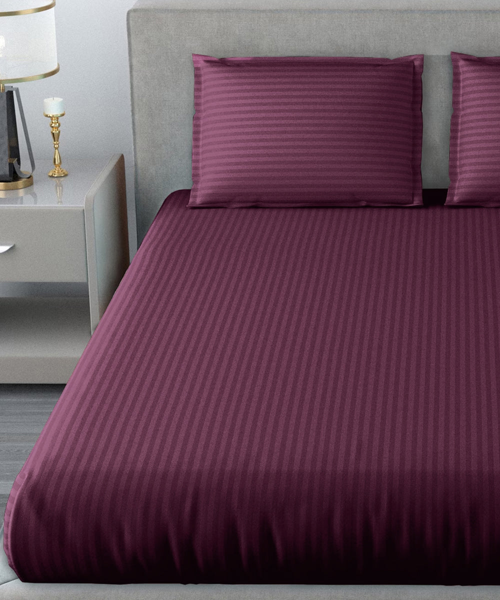 Wine Satin Stripe King Size Bedsheet With 2 Pillow Covers