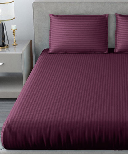 Wine Satin Stripe King Size Bedsheet With 2 Pillow Covers