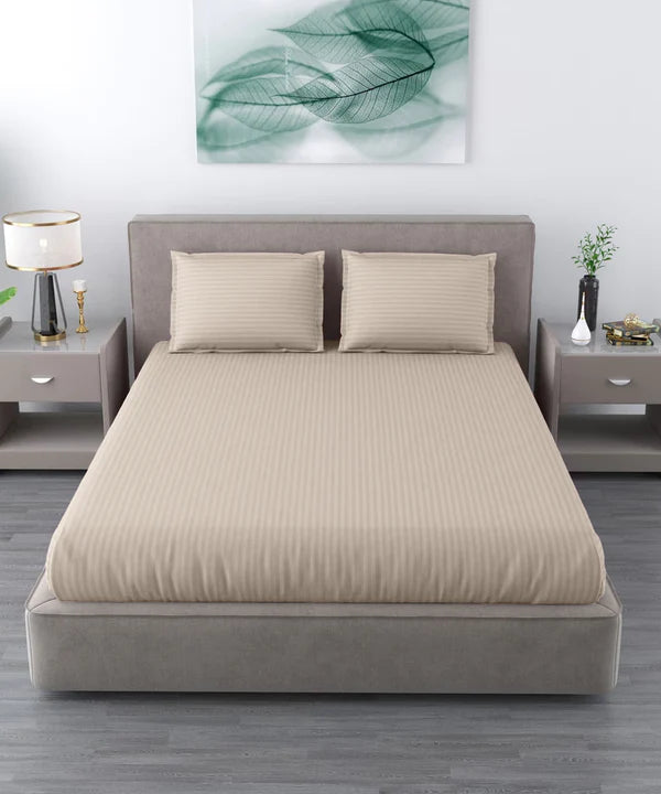 Beige Satin Stripe Flat Bedsheet with Pillow Cover