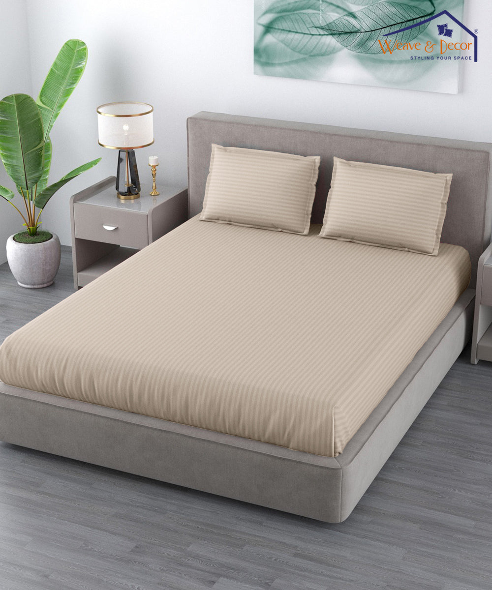 Beige Satin Stripe King Size Bedsheet With 2 Pillow Covers