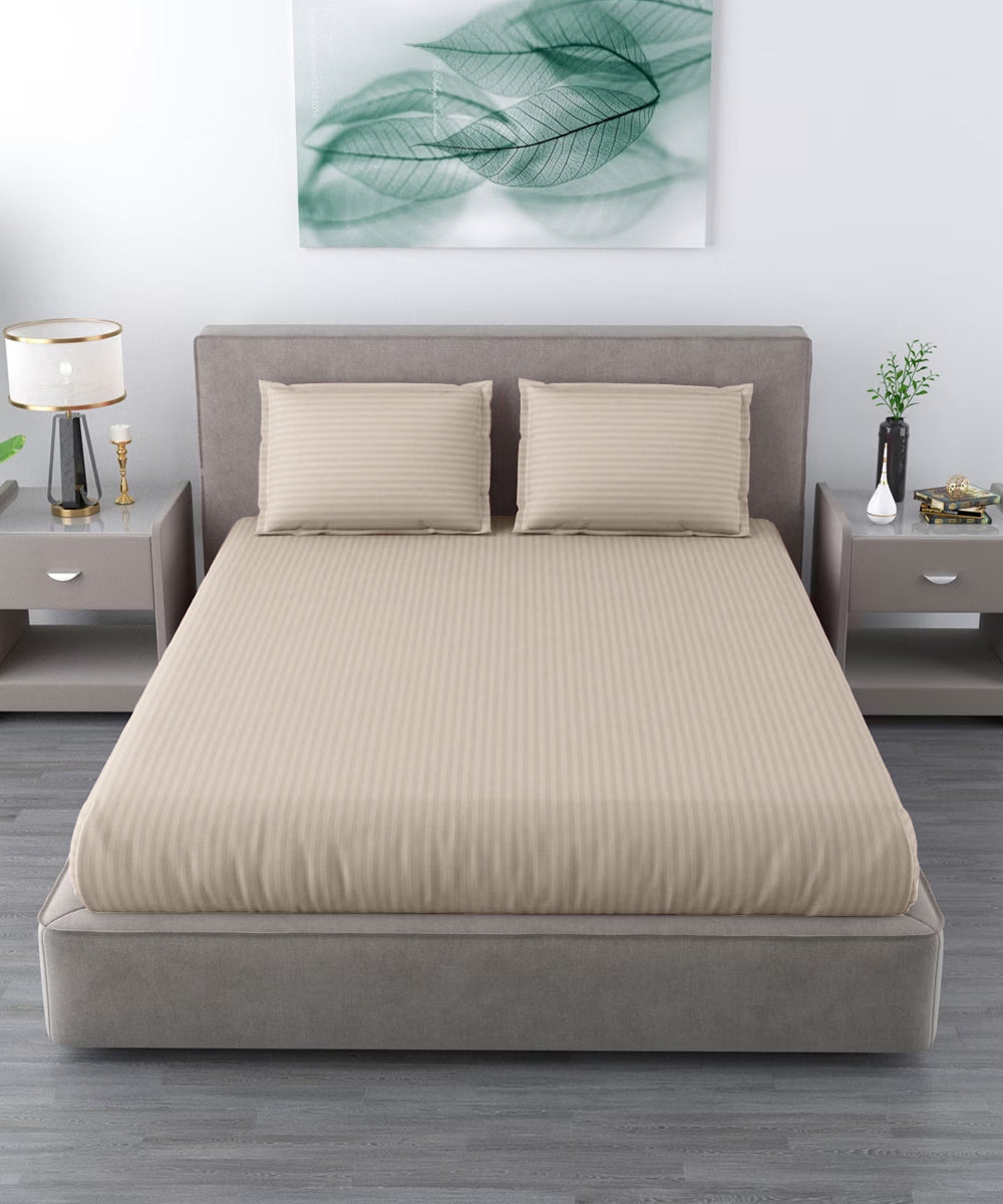Beige Satin Stripe King Size Bedsheet With 2 Pillow Covers