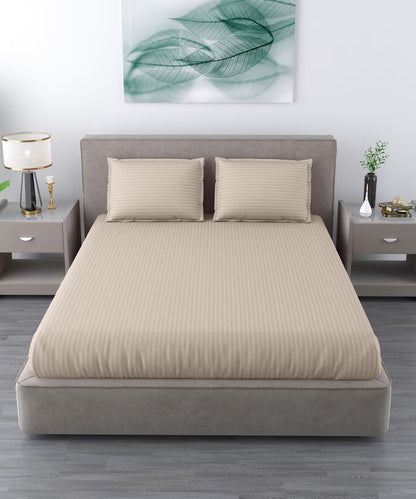 Beige Satin Stripe King Size Bedsheet With 2 Pillow Covers