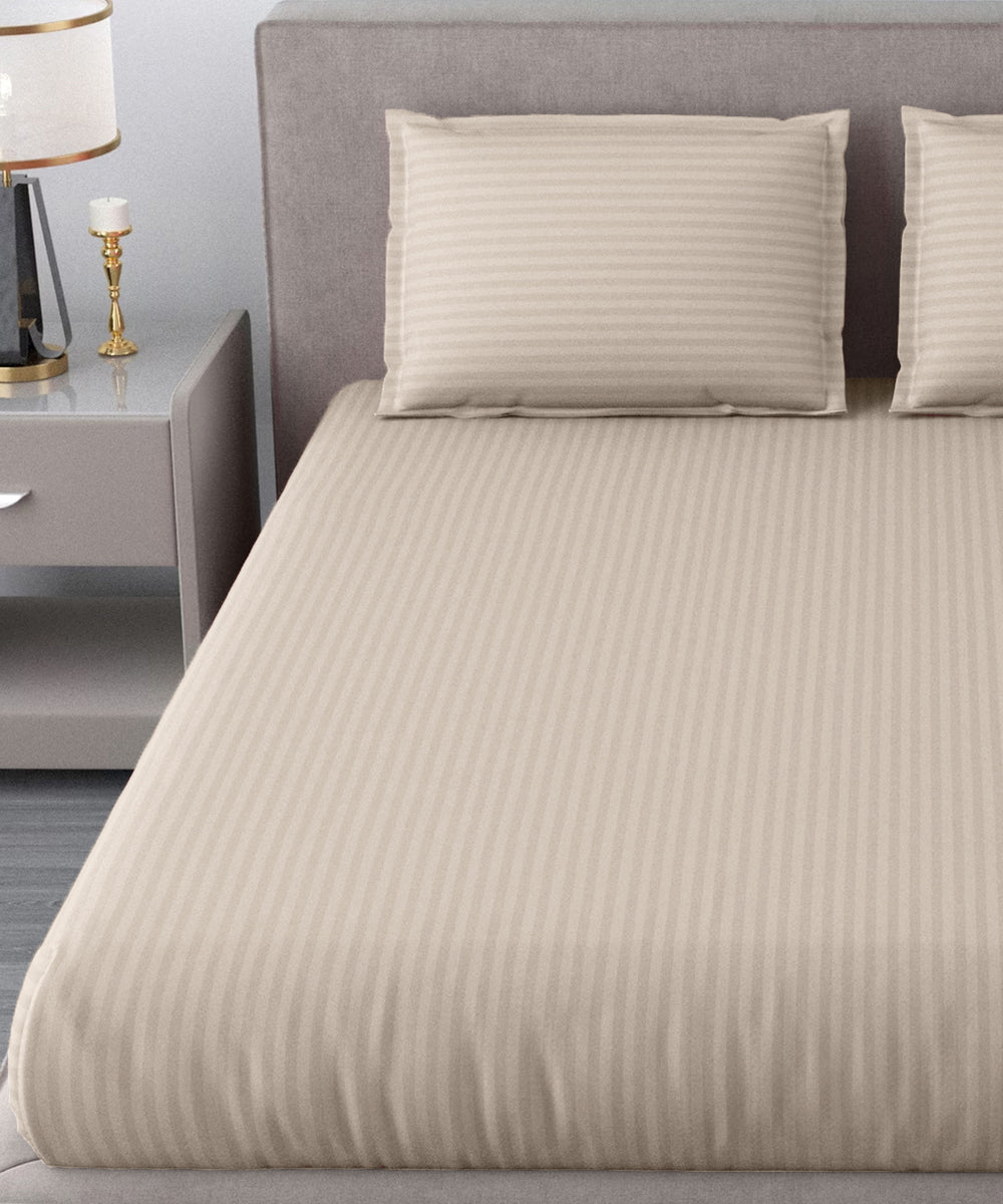 Beige Satin Stripe King Size Bedsheet With 2 Pillow Covers