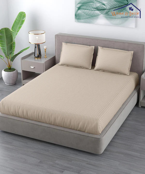 Beige Satin Stripe Flat Bedsheet with Pillow Cover