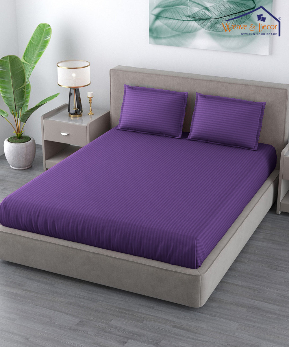 Violet Satin Stripe Flat Double Bedsheet With 2 Pillow Covers