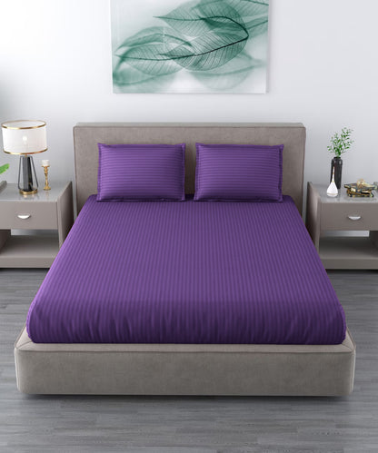 Violet Satin Stripe Flat Double Bedsheet With 2 Pillow Covers