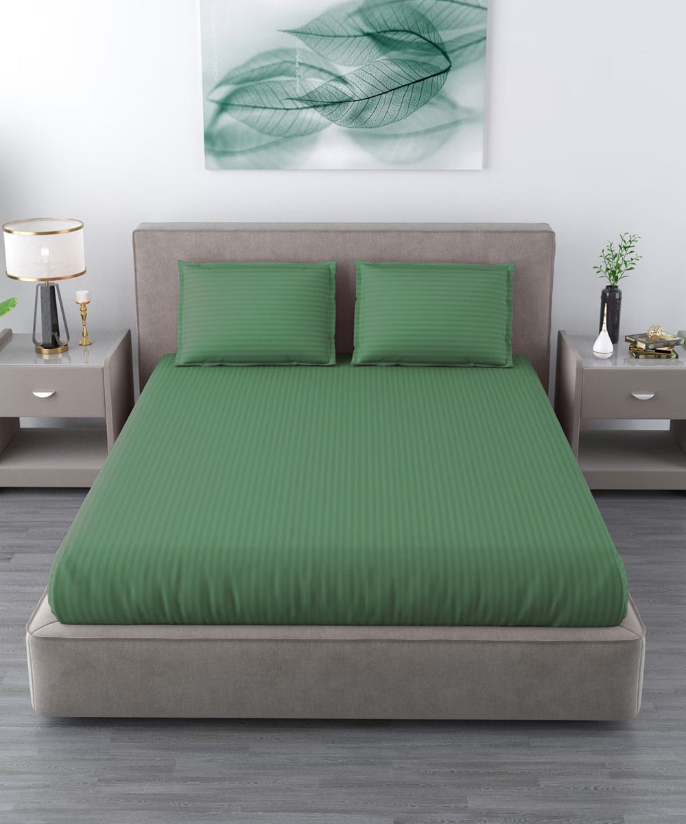 Dark Green Satin Stripe Queen Fitted Bedsheet With 2 Pillow Covers