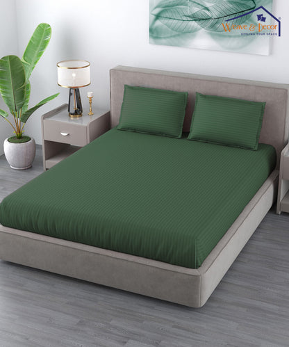 Dark Green Satin Stripe Flat Double Bedsheet With 2 Pillow Covers