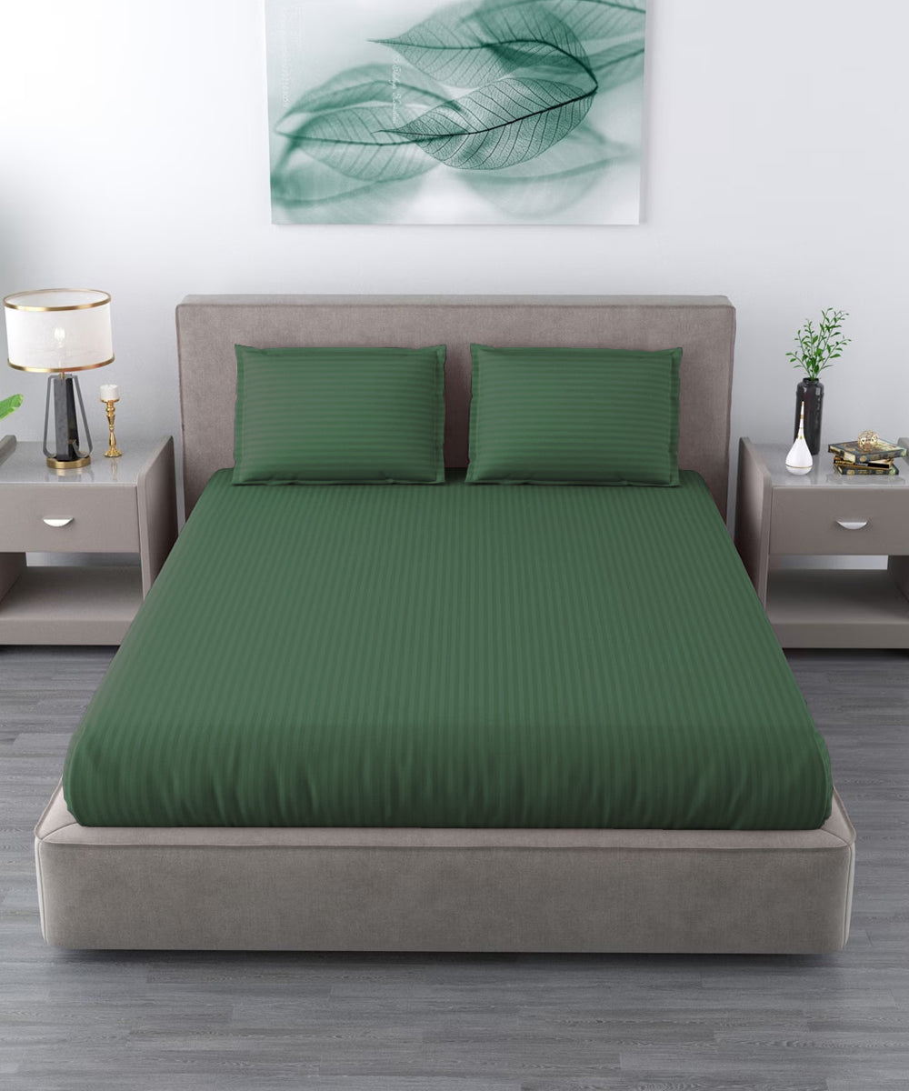 Dark Green Satin Stripe Flat Double Bedsheet With 2 Pillow Covers