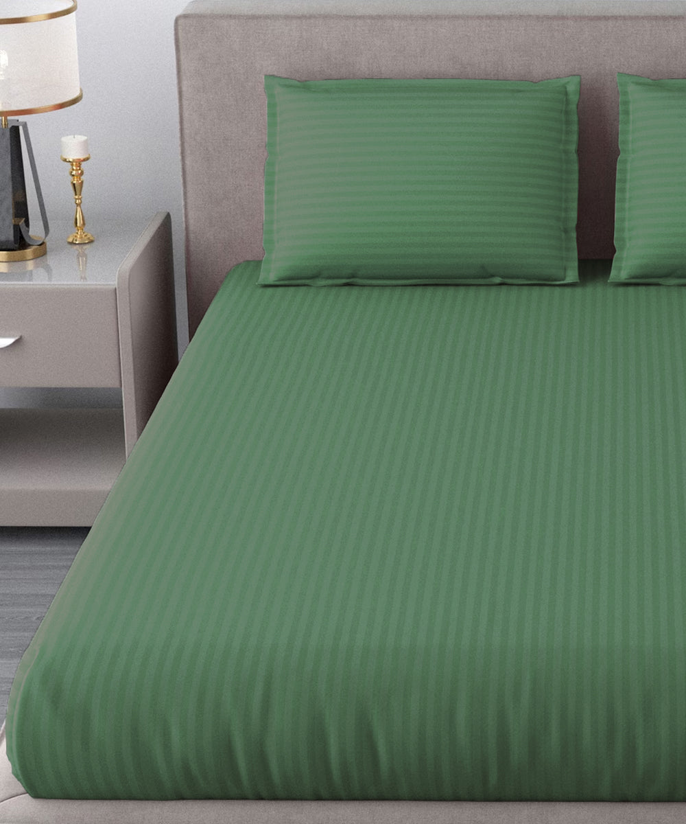 Dark Green Satin Stripe Fitted Bedsheet With Pillow Cover