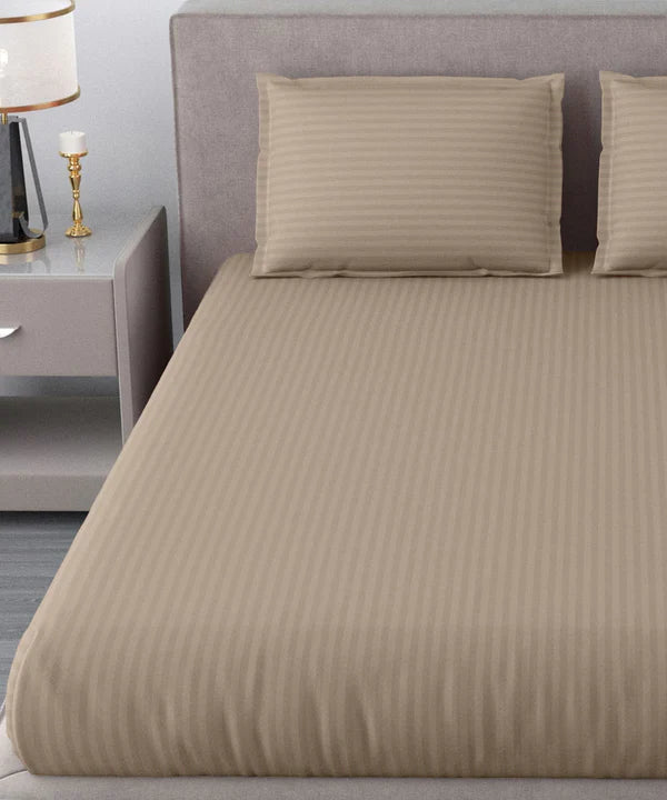 Dark Beige Satin Stripe Flat Bedsheet with Pillow Cover