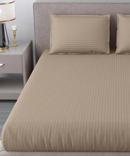 Dark Beige Satin Stripe Flat Bedsheet with Pillow Cover