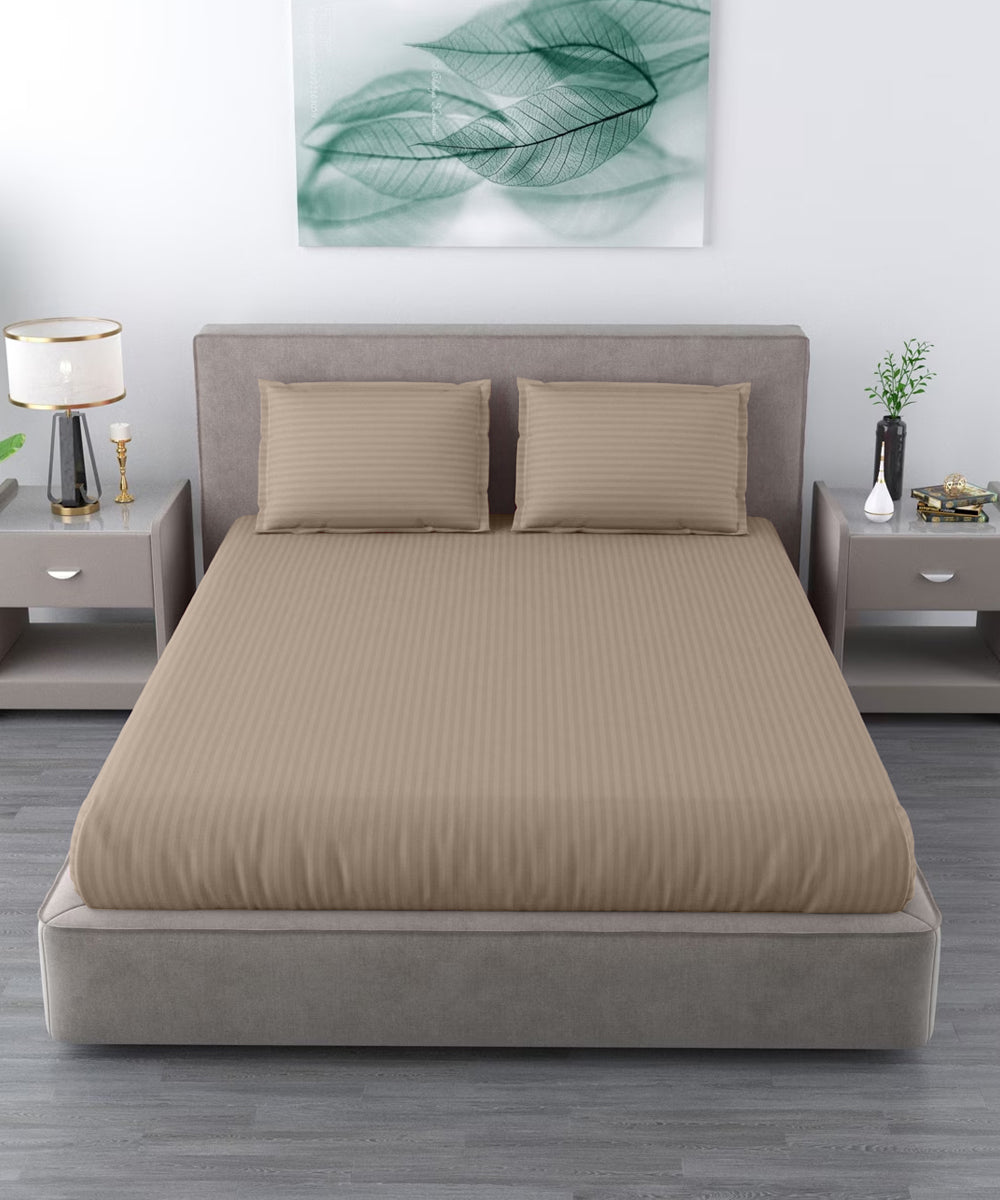 Dark Beige Satin Stripe Single Fitted Bedsheet With 1 Pillow Cover